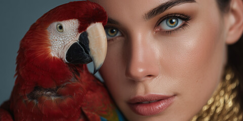 A stunning woman gazes serenely alongside a vibrantly-colored parrot, the image showcases beauty, connection, and a touch of exotic flair.