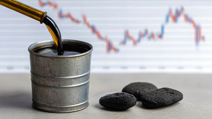 Black crude oil spilling from a pipeline beside an oil barrel with stock market chart background