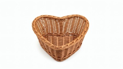 Single Heart-Shaped Wicker Basket with Natural Woven Texture, Empty, Isolated on Pure White Background, Studio Lighting