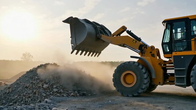 Heavy machinery moving gravel at a construction site during golden hour with workers standing nearby in safety gear