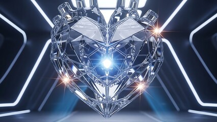 Futuristic Crystal Anatomical Heart 3D Render - Polygonal Diamond Structure Floating in a Sci-Fi Corridor with Neon Lights and Bright Lenses Flares.