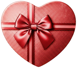 Red heart shaped gift box with polka dot pattern and ribbon