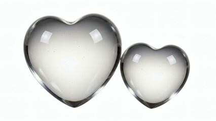 Pair of Translucent Heart-Shaped Glass Marbles with Soft Reflections, Isolated on Pure White Background, Realistic Macro Photography