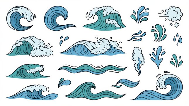 clean ocean wave forms and spray shapes doodle set ready for logos labels and stickers isolated on white background