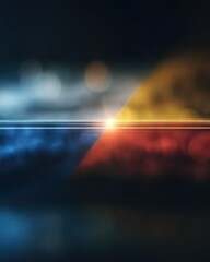 Abstract futuristic light streaks and glowing lens flare on dark bokeh background, blue red yellow neon lines