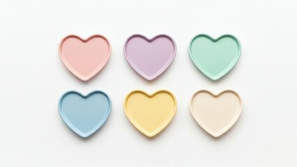 Valentine Gift Flat Lay Featuring Heart-Shaped Ceramic Coasters in Soft Pastel Tones, Evenly Arranged on Pure White Background