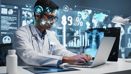 Doctor analyzing medical data on futuristic digital interface - Powered by Adobe
