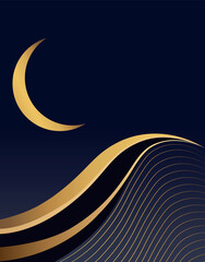 Elegant golden crescent moon over abstract dark waves