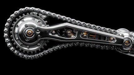 Complex metallic mechanical drive system featuring a continuous chain loop around a toothed sprocket