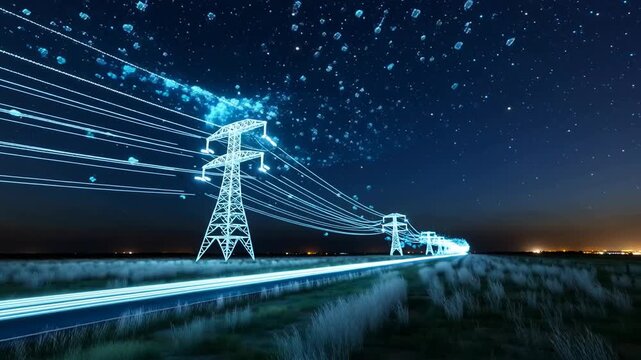 Illuminated power lines emitting a blue glow under a starry night sky, creating a vibrant and dynamic energy flow effect