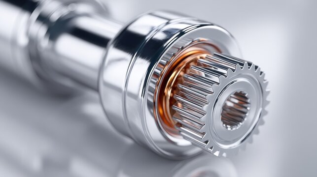 Detailed close up of a polished metallic rotating shaft assembly featuring a precisely machined gear