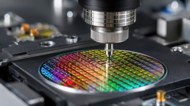Precision machinery probes a colorful semiconductor wafer during microchip fabrication