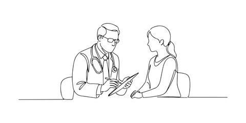 Continuous one line of a doctor asking questions to a patient, symbolizing interactive diagnosis, drawn vector illustration.