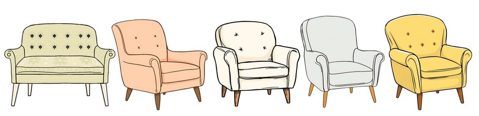 Hand-Drawn Armchair Illustration Set in Soft Pastel Colors