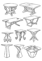 Hand drawn architectural sketches of diverse wooden tables featuring antique ornate curved legs and modern industrial geometric bases for interior planning and carpentry concepts