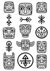 Hand drawn black ink collection of Polynesian tribal tiki masks and ancient geometric spiritual symbols with rough textured edges on white