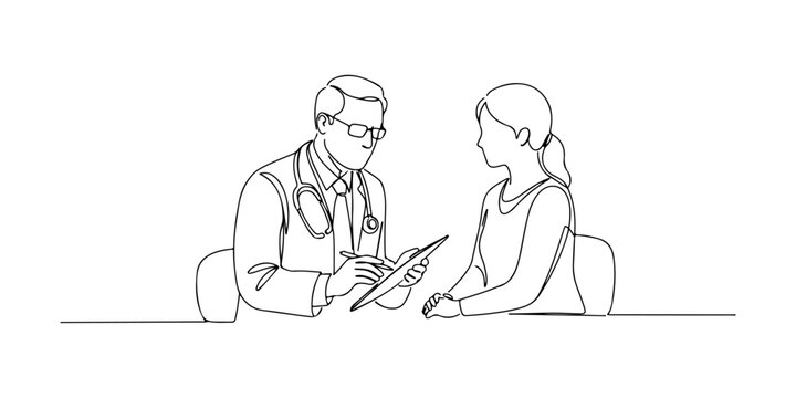 Continuous one line of a doctor asking questions to a patient, symbolizing interactive diagnosis, drawn vector illustration.