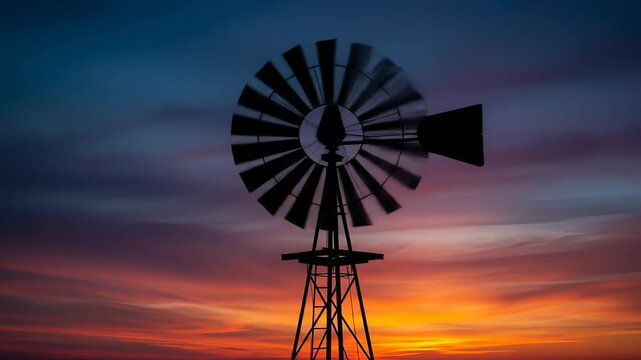 Windmill Silhouette Against a Vibrant Sunset Sky - A Scenic Landscape.