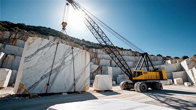 A large crane maneuvering blocks of white marble in a bright quarry under clear blue sky, highlighting industrial activity and natural textures