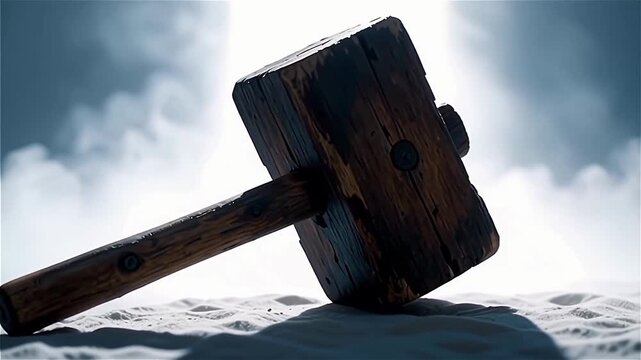 Close-up shot of a large wooden hammer positioned on a sandy surface with bright light illuminating from behind, creating a dramatic effect