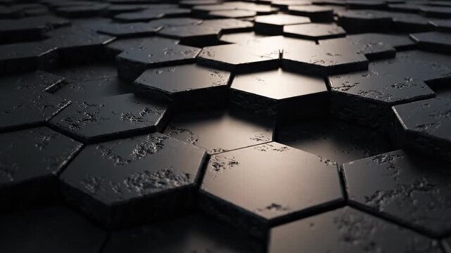 Dark hexagonal surface with reflective light patterns abstract background