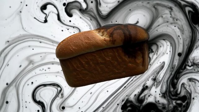 Loaf of bread submerged in swirling black and white liquid, creating a captivating visual effect with intriguing patterns