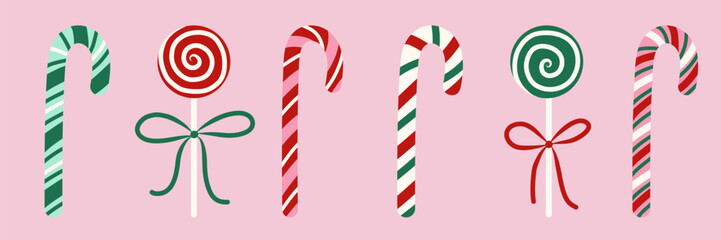 Christmas striped Candy canes and lollipops. Festive red, green and white stripes with bows. Christmas candy canes vector elements for greeting cards, decor and banners design © Катерина Тышковская