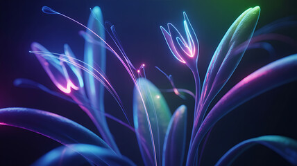 Close up of delicate futuristic bioluminescent plant blossoms with glowing neon pink and purple light trails emanating from vibrant flower tips