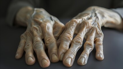 Hands showing arachnodactyly characteristic of Marfan syndrome, elongated slender fingers, medical examination context