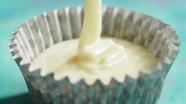 Baking process: filling cupcake liners with batter in a step-by-step close-up sequence