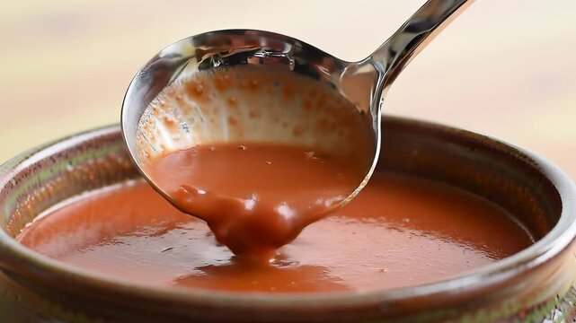 Close-up of tomato soup being poured from a ladle into a ceramic bowl in a sequence
