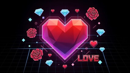 Vibrant Polygonal Heart Vector Background | Neon Love, Diamonds, and Roses in Retro 80s Synthwave Style | Perfect for Valentine's Day Greeting Cards and Gaming Design