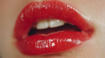 Obraz premium Close up shows glossy bright red painted lips slightly parted revealing white teeth
