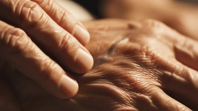 Wrinkled Hand Resting Gently on Top of Another Hand in Warm Light Tone Against Dark Background for Health or Aging