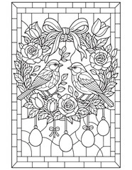Charming spring birds with a festive floral wreath and hanging eggs for coloring