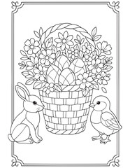 Festive easter coloring page with a bunny, chick, and a flower-filled basket of eggs