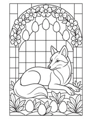 A graceful fox lying among spring eggs and flowers in a stained glass coloring page