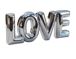 3D chrome finish Love typography with sharp reflections,white background.