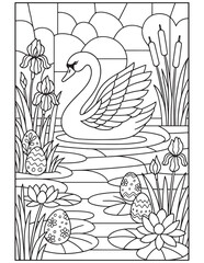 Graceful swan swimming in a serene pond surrounded by spring flowers and hidden easter eggs