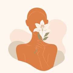 Faceless woman in terracotta color holding delicate lily flower near her face, vector illustration.
