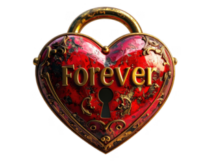 3D heart-shaped lock with Forever engraved in gold text,white background