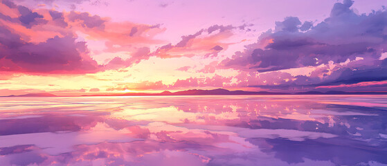 Fototapeta premium Vibrant sunset over serene landscape with reflective water surface