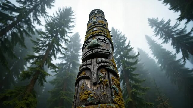 Ancient wooden totem pole with mystical mood standing in foggy evergreen forest representing indigenous culture and spirituality background