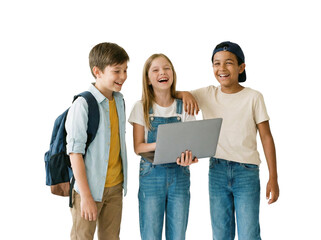Excited Schoolchildren Raising Arms with Backpacks
