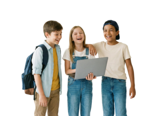 Excited Schoolchildren Raising Arms with Backpacks
