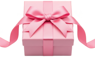 Front view of pink present box with long satin ribbon isolated on transparent background
