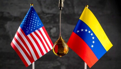 US and Venezuela flags with oil drop suspended from metallic nozzle, symbolizing energy trade and geopolitical tension.