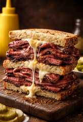 Fototapeta premium Hearty double-stacked deli sandwich with layers of tender pastrami or corned beef, melted cheese, and whole grain bread on a rustic cutting board. Perfect for food blogs, menus, or culinary promotions
