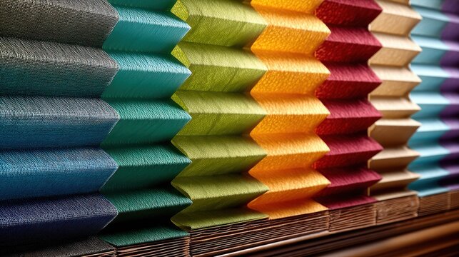Assortment of pleated fabric window coverings displays varied vibrant colors in close up