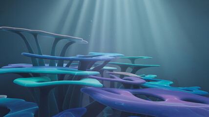 Alien abstract deep sea life forms resembling strange glowing mushrooms under sunbeams underwater